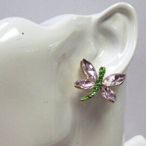 Multicolor Pink & Green Dragonfly Rhinestone Crystal Stud Earrings